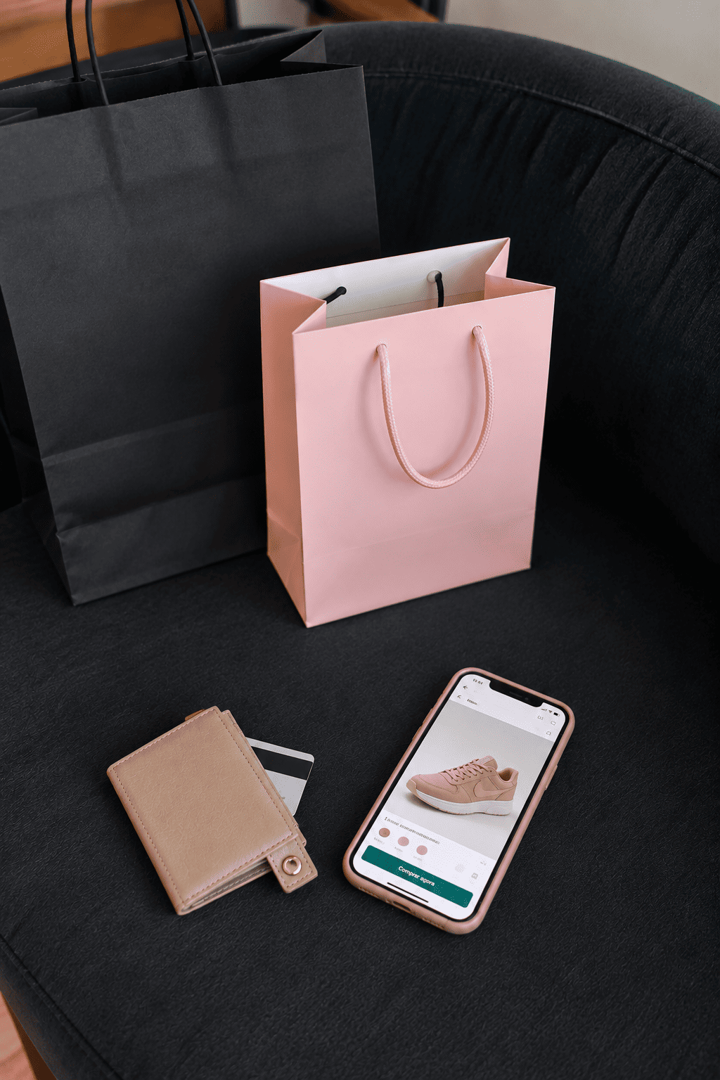 Itens de compras, carteira e smartphone organizados sobre uma superfície